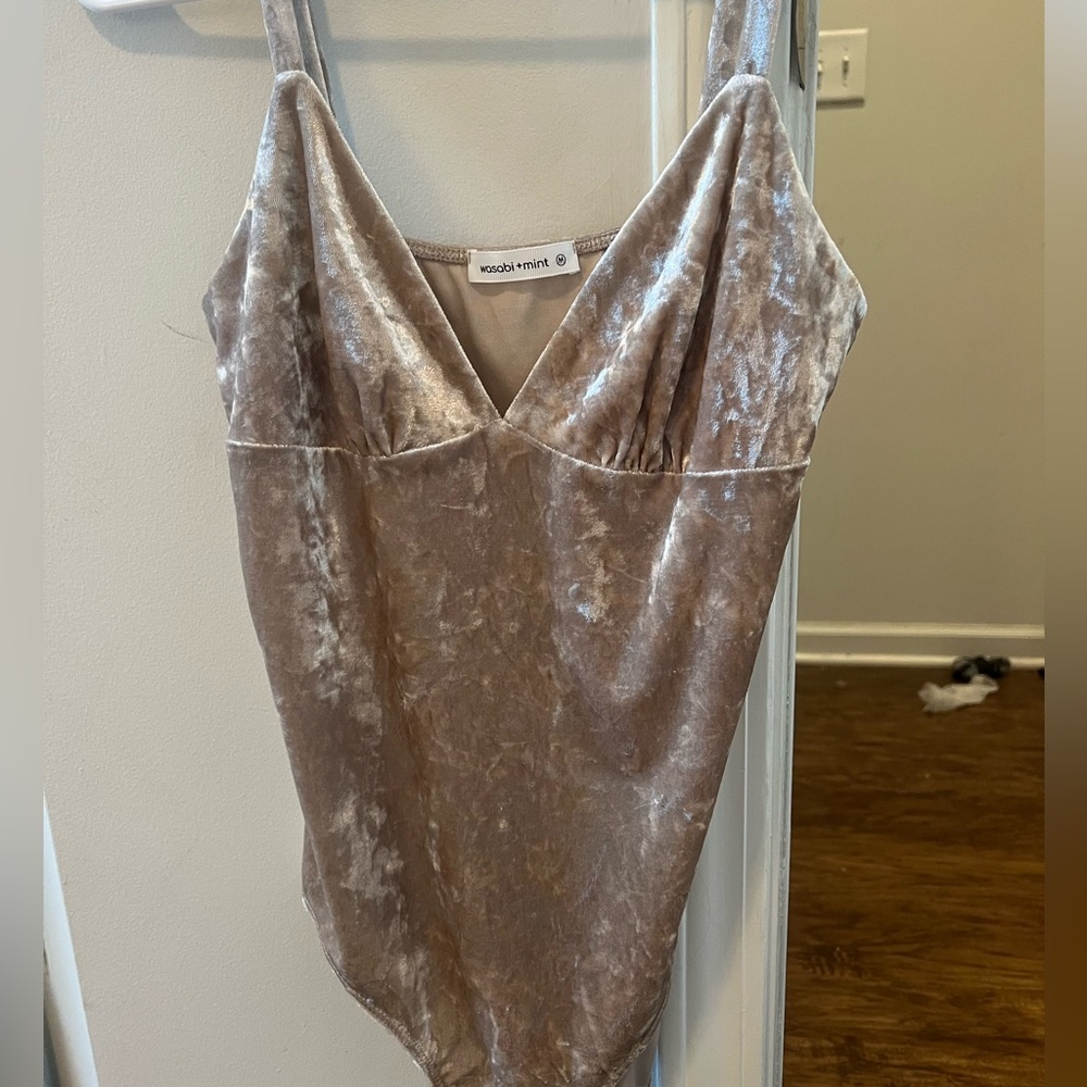 V Neck Tan Velvet Bodysuit Wasabi + Mint